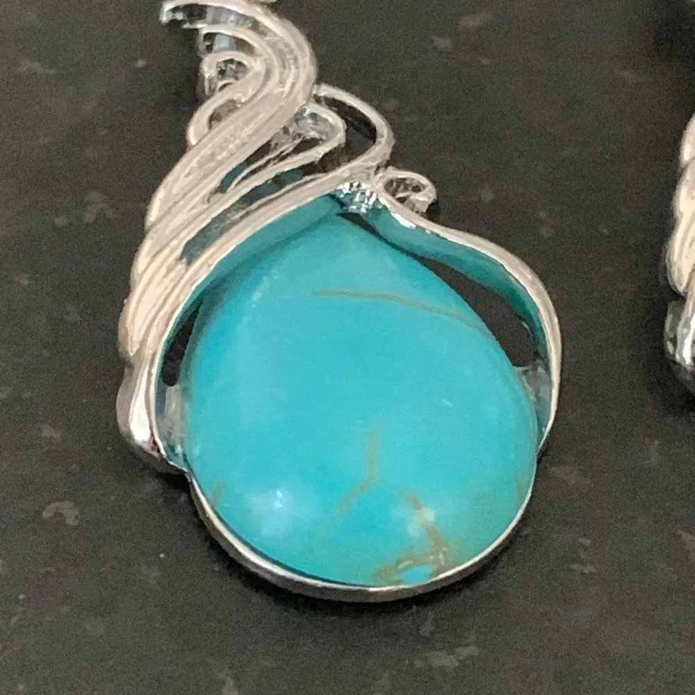 Western Southwestern Silver & Faux Turquoise Color Drop Earrings